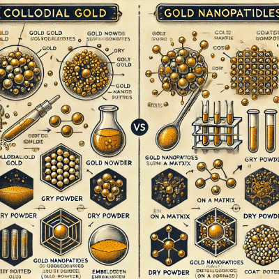 Thermal imaging of Nanopartz Gold Image illustrating the difference between colloidal gold and gold nanoparticles, with labeled text for clarity. The visual shows both the liquid suspension of colloidal gold and the various forms of gold nanoparticles.